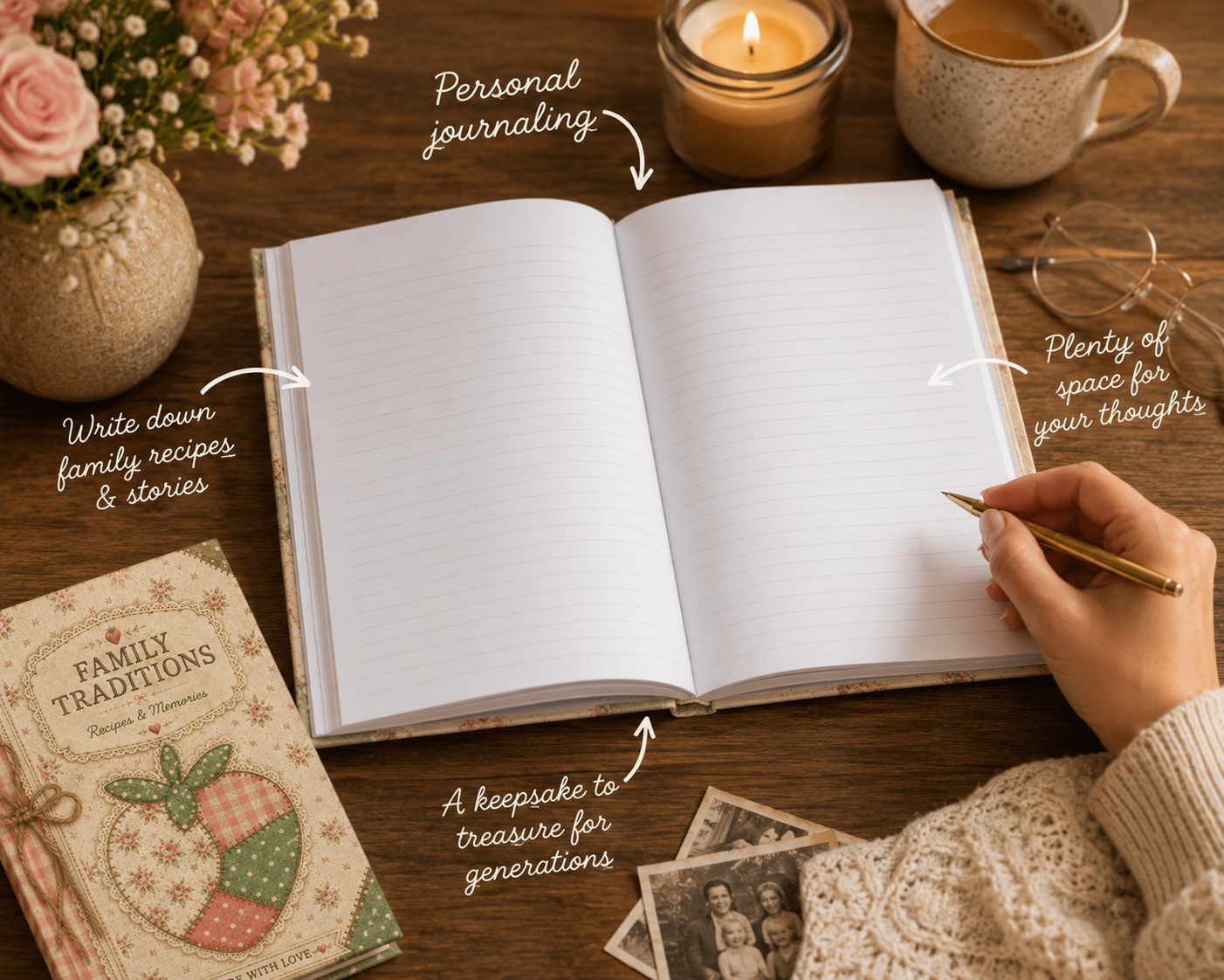 Family Traditions Journal, Recipe & Memory Book, Heirloom Keepsake Notebook, Grandma Recipe Journal, Bridal Shower Gift, Hardcover Journal