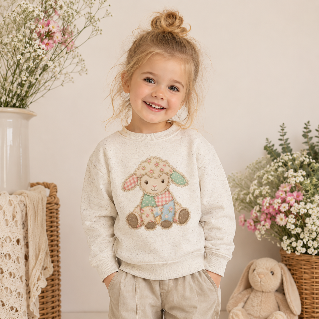 Faux Patchwork Lamb Sweatshirt | Vintage Inspired Toddler Crewneck | Cottagecore Easter Kids Sweatshirt