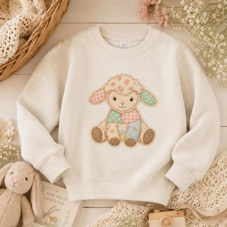 Faux Patchwork Lamb Sweatshirt | Vintage Inspired Toddler Crewneck | Cottagecore Easter Kids Sweatshirt