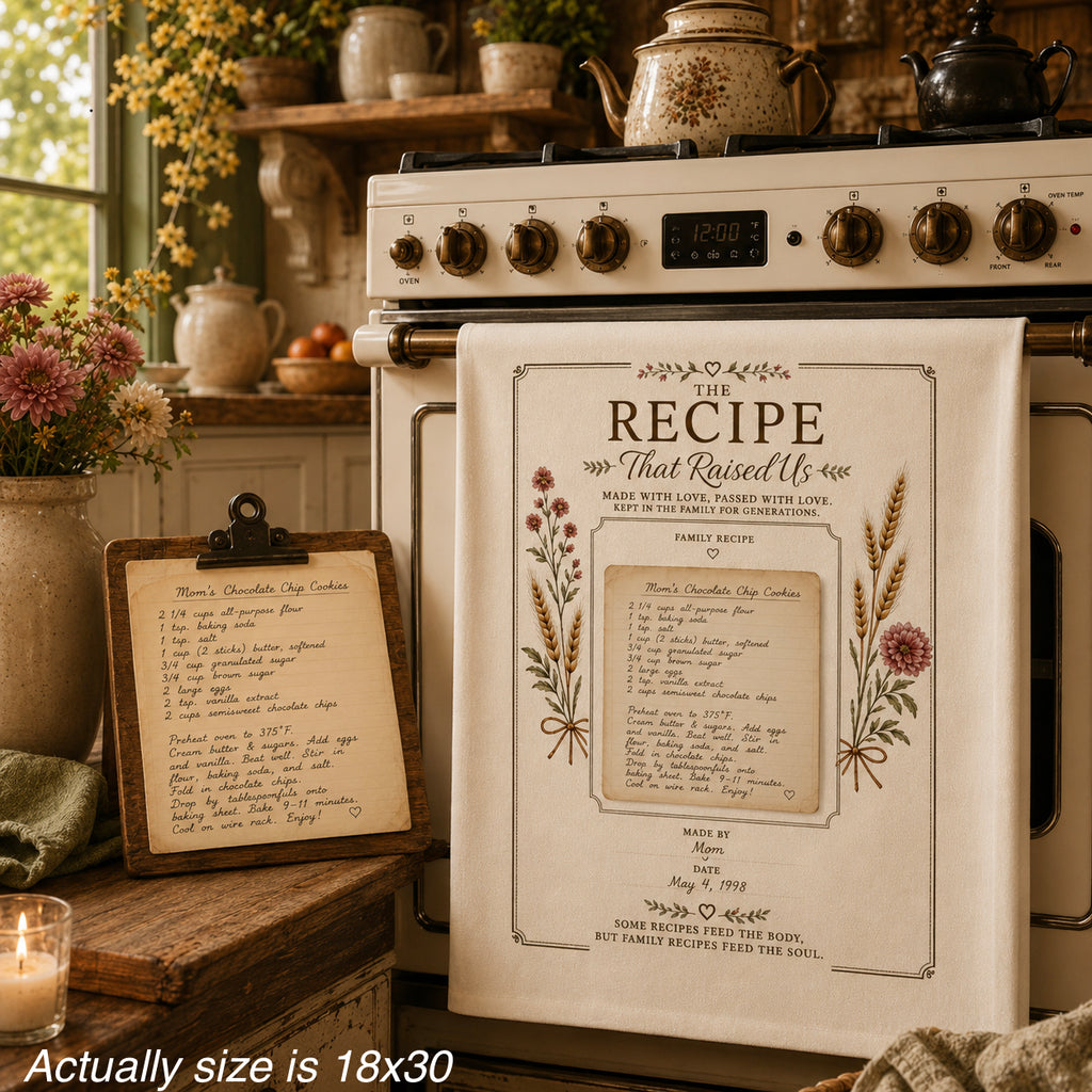 The Recipe That Raised Us Personalized Kitchen Towel | Recipe Card Design, Family Heirloom Gift