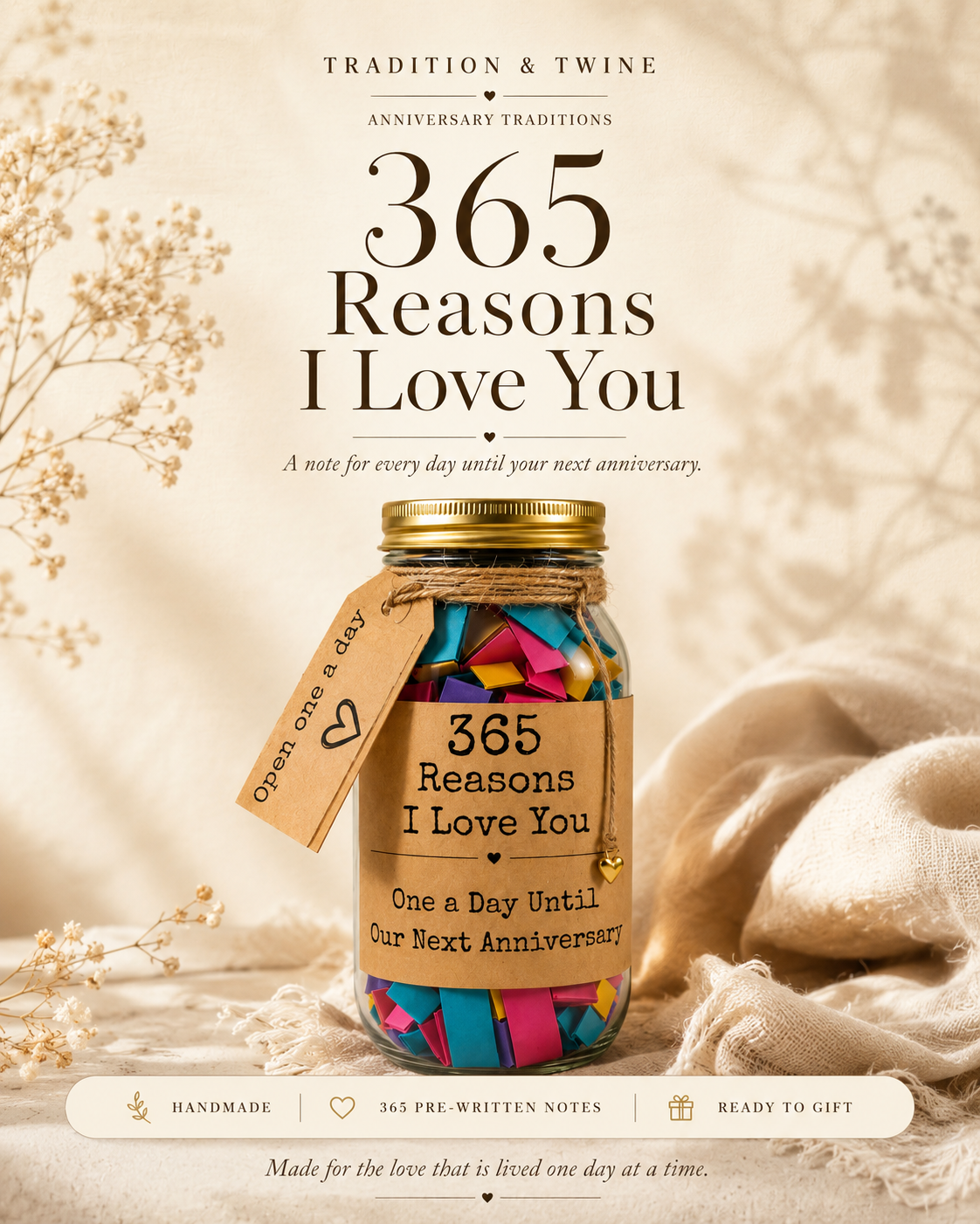 The Anniversary Memory Jar | 365 Reasons I Love You, Handmade Daily Love Notes Gift