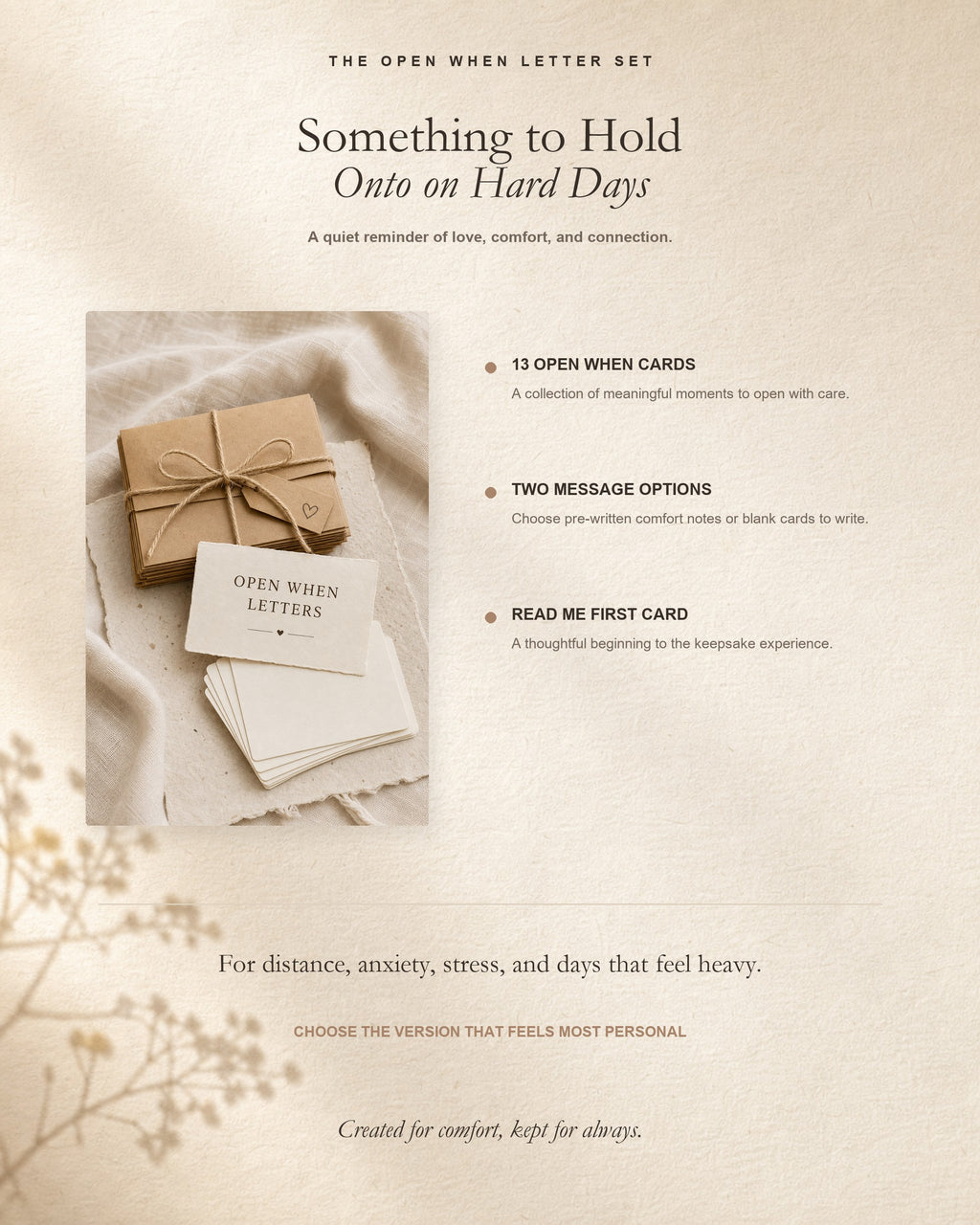 Open When Letters Set | 13 Handmade Comfort Cards, Pre-Written or Blank Keepsake Gift