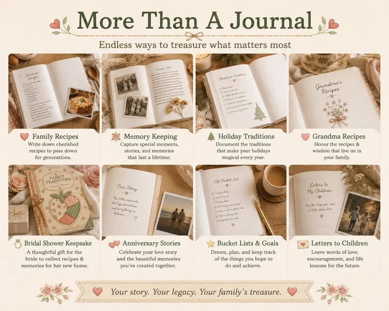 Family Traditions Journal, Recipe & Memory Book, Heirloom Keepsake Notebook, Grandma Recipe Journal, Bridal Shower Gift, Hardcover Journal