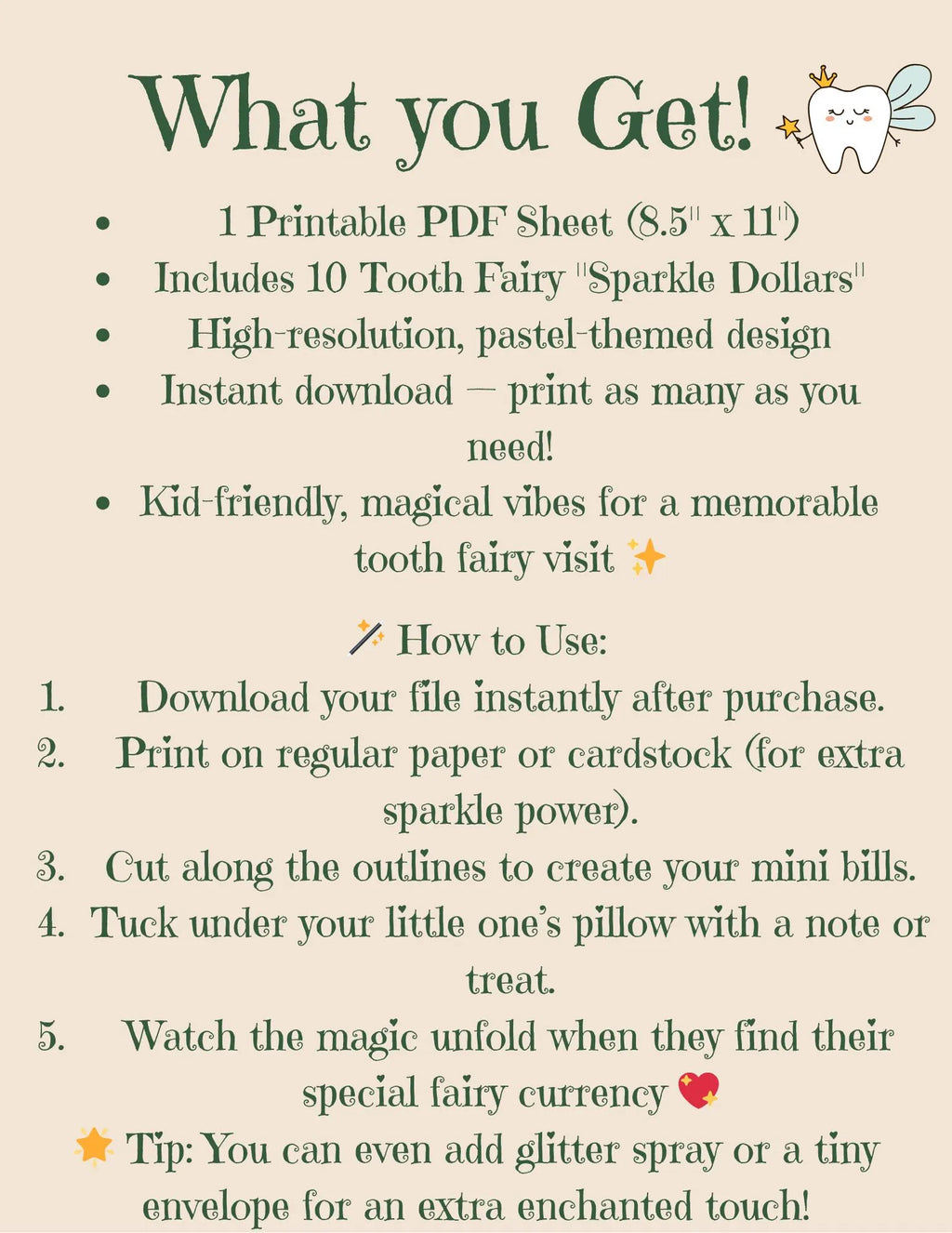 Tooth Fairy Money Printable – Sparkle Dollar Bills (Instant Download)
