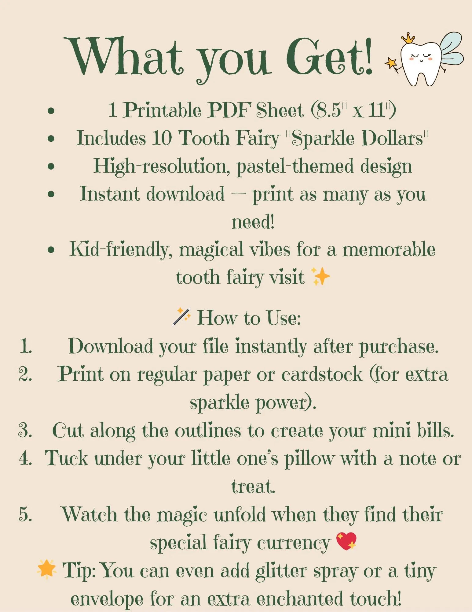 Tooth Fairy Money Printable – Sparkle Dollar Bills (Instant Download)