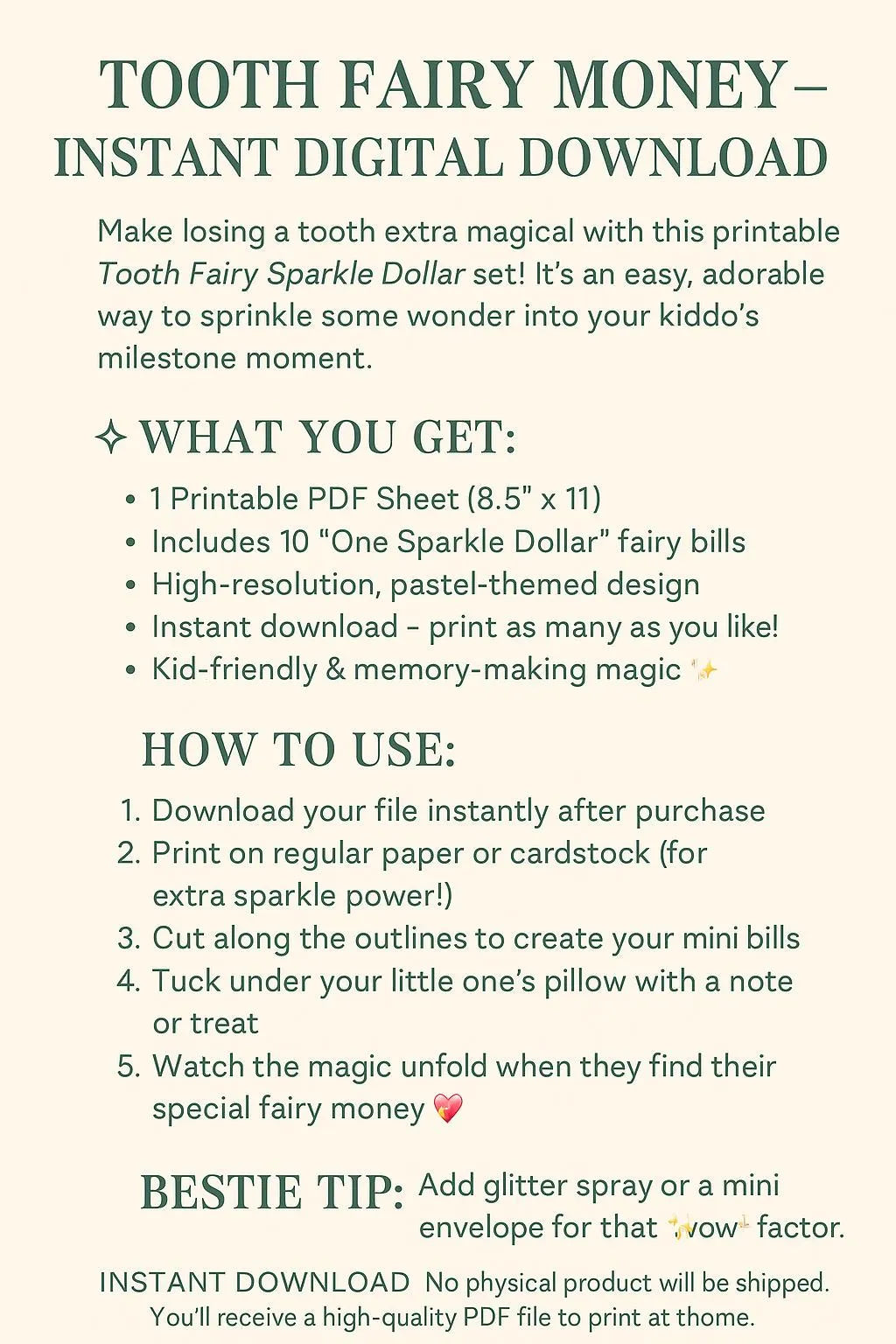 Tooth Fairy Money Printable – Sparkle Dollar Bills (Instant Download)