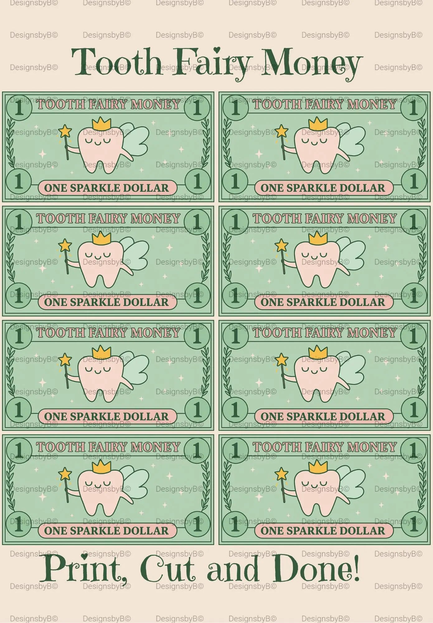 Tooth Fairy Money Printable – Sparkle Dollar Bills (Instant Download)