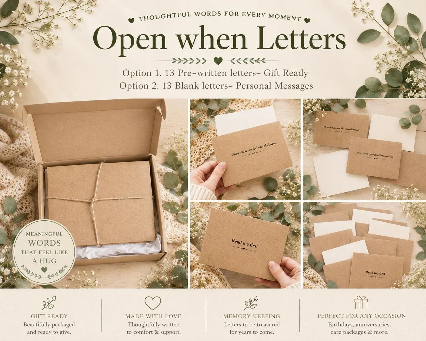 Open When Letters Set | 13 Handmade Comfort Cards, Pre-Written or Blank Keepsake Gift