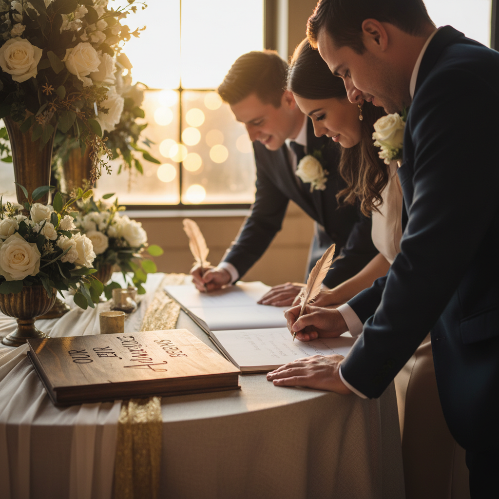 Wooden wedding guest book being signed at a wedding reception